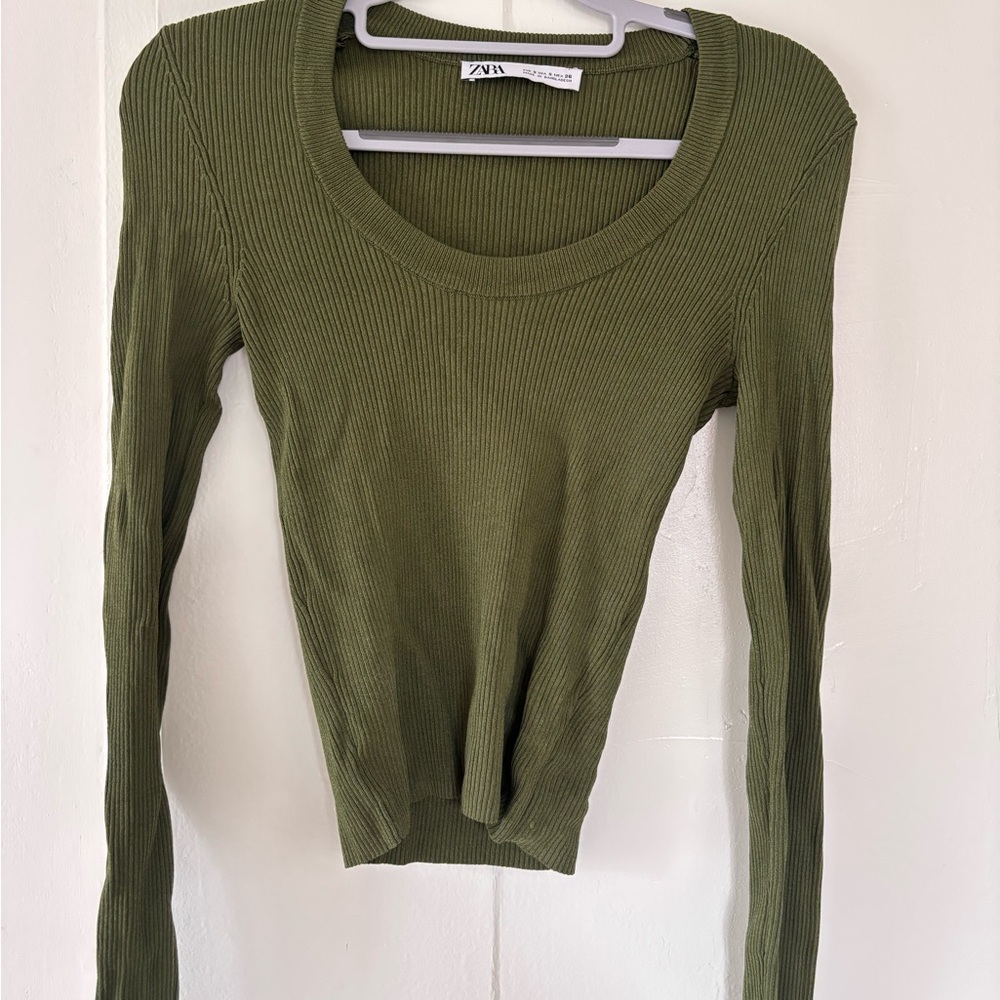 Zara Olive Green Ribbed Knit Top